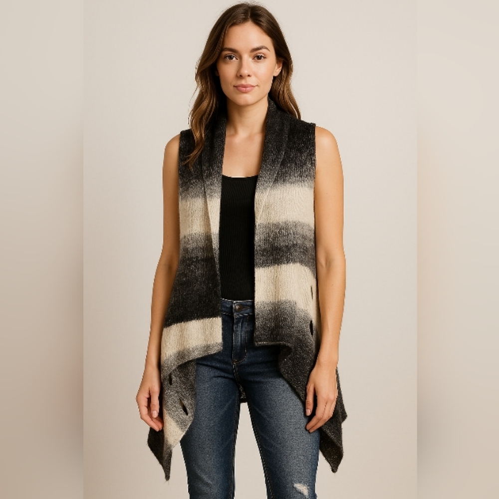 Sisters Gray Black Ombre Knit Sleeveless‎ Vest L/XL Cutout Boho Drape Layer